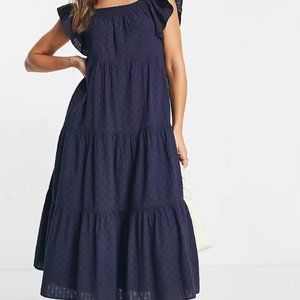 Women's Textured Check Ruffle Sleeve Tiered Midi Dress Madewell